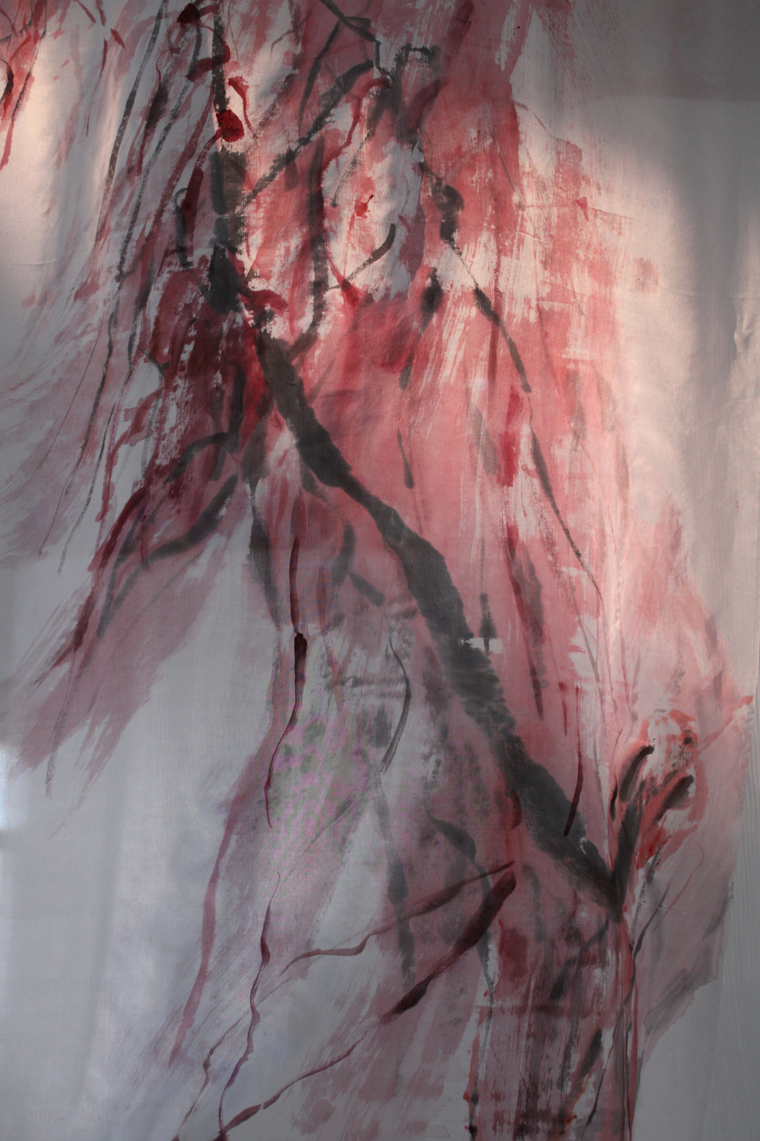 Huan Chen Crimson detail Mixed Media on silk 30x63in