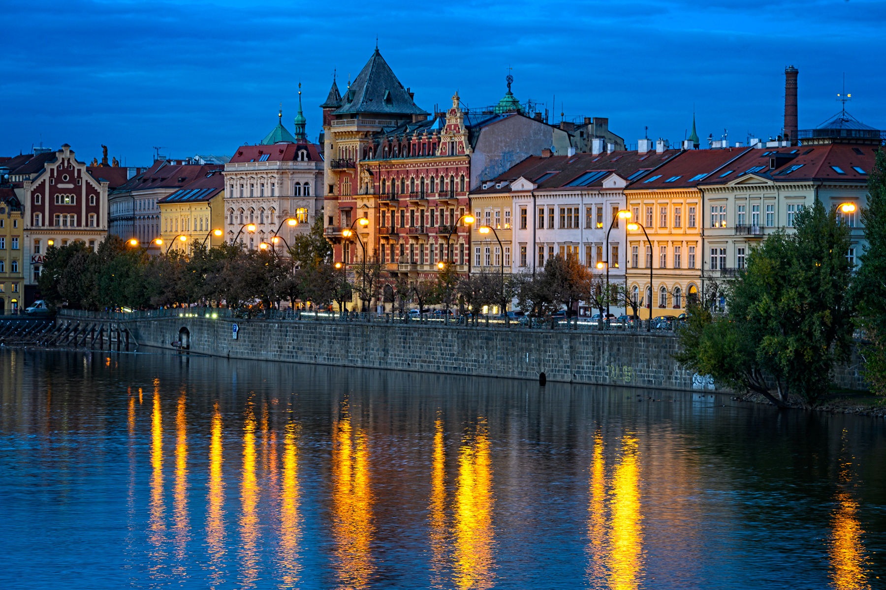 Blue Hour Over Oldtown Along Vltava Prague